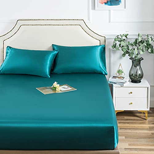 LuxBedding Satin Fitted Bed Sheet Only, Soft as Silk, Queue Size, Teal