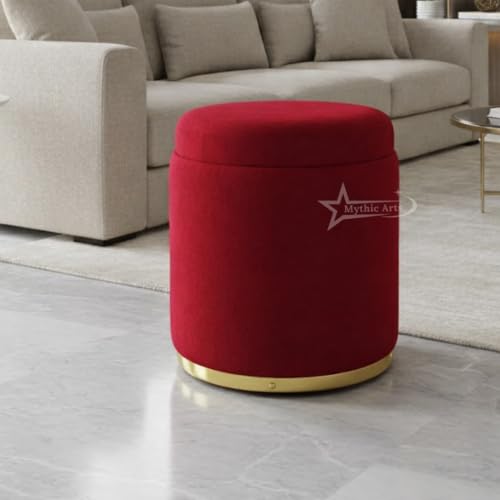 Image of Velvet Round Single Strip Ottoman Office Stool Foot Rest Stool Velvet Fabric Padded Seat Pouf Ottoman 16 X 16X 19 inch,in Round Shape for Living Room RED