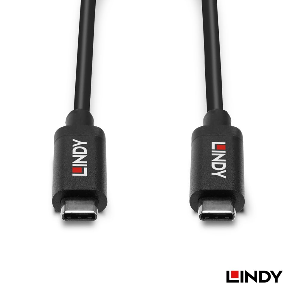 Nærbillede view of two Lindy USB-C cable connectors, showing the metallic tips and black housing with the Lindy logo.