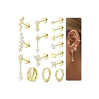 15 Pcs Helix Piercing Jewellery Surgical Steel Flat Back Earrings for Women Forward Helix Stud Hoop Earrings Cartilage Earrings Silver Gold Daith Tragus Rook Conch Piercing Jewellery