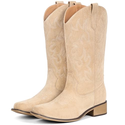 Image of IUV Cowboy Boots For Women Square Toe Wide Suede Western Mid Calf Cowgirl | Comfortable and Roomy, Embroidered, Rugged, Vintage-modern, Stylish for Daily Life and Outdoor Adventures.