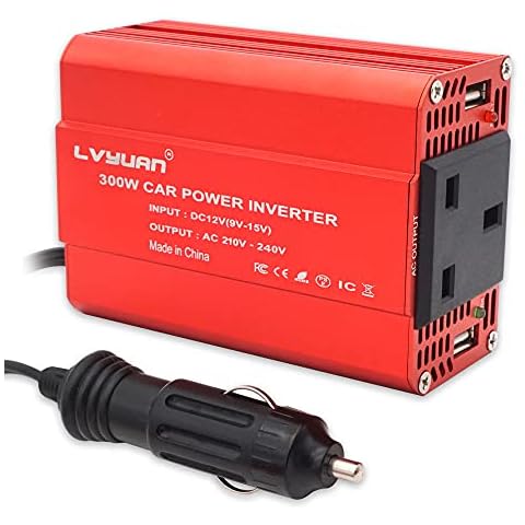 LVYUAN 300W Car Power Inverter DC 12V to 230V 240V AC Car Converter with Dual USB 2.4A Ports & UK Sockets Car Cigarette Adapter Converter, Red Aluminum Alloy Body Cover