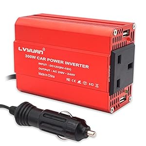 LVYUAN 300W Car Power Inverter DC 12V to 230V 240V AC Car Converter with Dual USB 2.4A Ports & UK Sockets Car Cigarette Adapter Converter, Red Aluminum Alloy Body