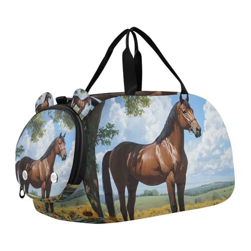 Duffle Bag for Boys or Girls with Shoes Compartment, Horse Sunflower Sky Sports Travel Bag Overnight