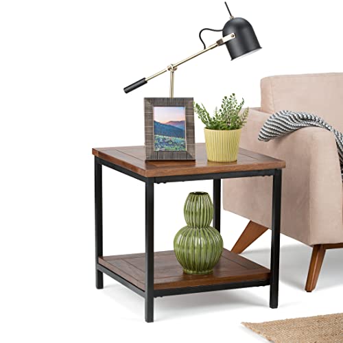 Simplihome Skyler Solid Mango Wood And Metal 22 Inch Wide Square End Table Industrial End Side Table In Dark Cognac Brown With Storage, 1 Shelf, For The Living Room And Bedroom #TOP1