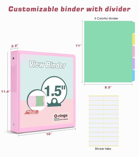 3 Ring Binder 1.5 inch,Cute Binder Organizer with 5 Tab Dividers Fits 175 Sheets of 8.5x11 Paper, Customizable Clear Cover with Inside Pockets, Aesthetic 1.5" Three Ring Binders for School Office,Pink - Image 2