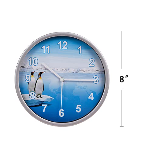 8” Penguins Pictured Silver Frame Silent Non-Ticking Bathroom Wall Clock Battery Operated #TOP5
