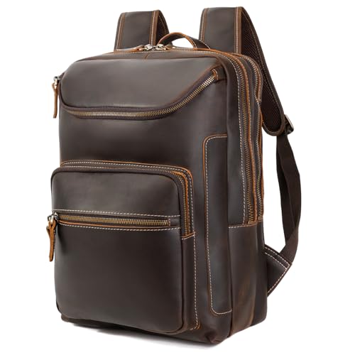 LANNSYNE Vintage Leather Backpack for Men, 16" Laptop Full Grain Leather Travel Backpack with Ergonomic Shoulder Straps, Lightweight Business Daypack Rucksack for Work Commute Hiking Camping