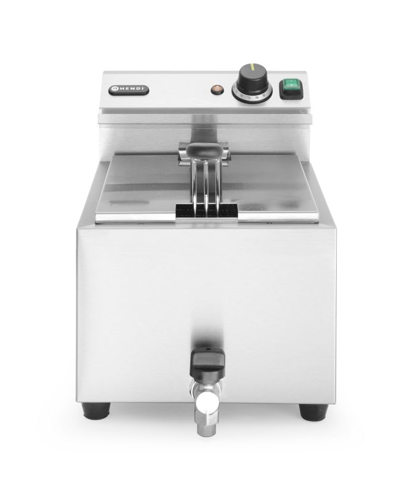 HENDI Freidora eléctrica, T ajustable hasta 195°C, termostato de seguridad, zona fría, con tapa y cesta de freír, con grifo de drenaje, 8L, 230V, 3500W, 300x515x(H)345mm, acero inoxidable 18/0