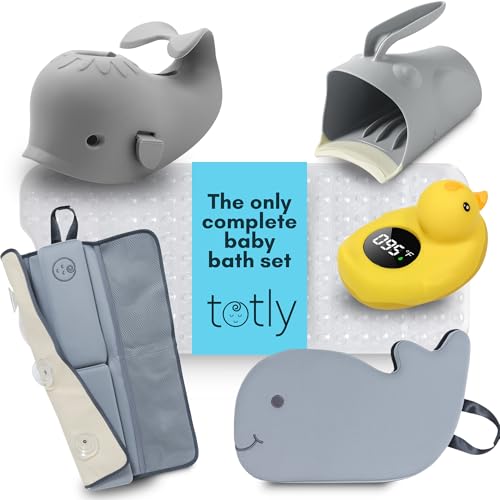 Image of totly 6pcs Bath Kneeler and Elbow Rest pad Set - Complete Bathtime Kit with 2 Cushions, Rinse Cup, Spout Cover, Thermometer & Non-Slip Mat