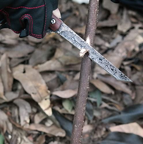 Carimee Double Action Pocket Knife Damascus Pattern D2 Stainless Laser Blade, Wood Handle, With Leather Sheath For Men And Women #TOP5