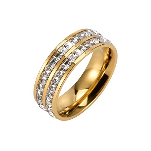 KnBoB Bague Homme et Femme Acier Inoxydable Éternité Or Large avec Zirconium Carré Blanc Bague de Alliance Taille 57