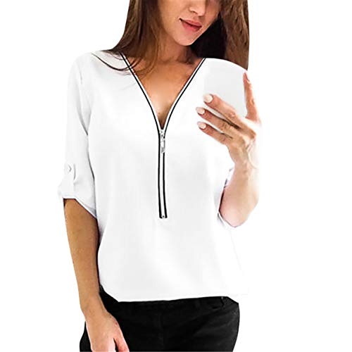 Londony Londonyáƒ¦ Clothing Women's Summer Front Zipper Sexy V Neck Solid Tops Slim Casual Cuffed Long 3/4 Sleeve Blouses T Shirts (White áƒ¦, XL)