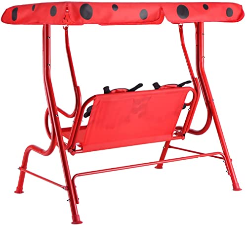 Fireflowery Kids Patio Swing, 2-Seater Outdoor Hanging Swing Bench W/ Removable Canopy & Safety Belt, Porch Swing Lounge For Patio Garden Balcony Yard (Red Beetle) #TOP7