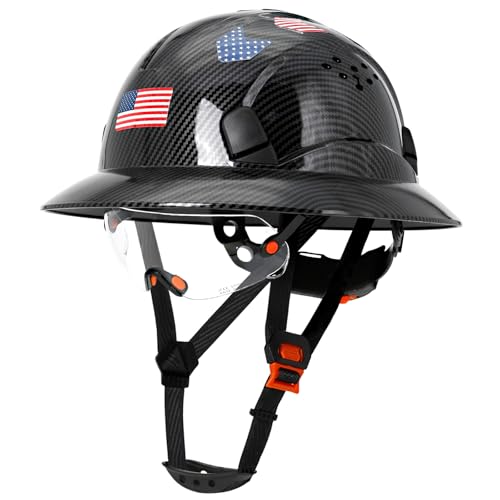 Aolamegs Safe Bright Black Carbon Fiber Pattern Full Brim Hard Hat with Visor -Vented Hard Hats Construction OSHA Approved for Men Adult, Reflective Safety Helmet with Chin Strap,6-Point Suspension