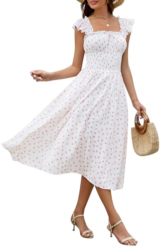 Women's 2025 Summer Flowy Maxi Dresses Casual Ruffle Sleeve Square Neck Smocked Waist Beach Vacation A Line Long Dress