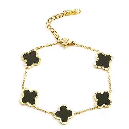 MEENAZ Clover Anti Tarnish Bracelet for Women Stylish Stainless Steel Woman Fashion Jewellery Aesthetic Accessories Girls Chain Gold Plated Black Designer Bracelet, Premium Steel,Waterproof 112