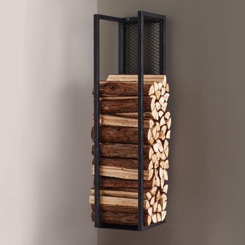 DENMOSTY Metall Kaminholzregal Innen mit Rückwand, Wand Brennholzregal Innen 100 cm Kaminholzständer Feuerholzregal Schwarz für Kaminholz Brennholz,...
