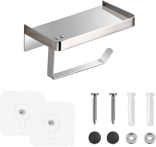 Soporte adhesivo de papel higiénico con estante, soporte de rollo de papel higiénico de acero inoxidable 304, dispensador de papel higiénico en