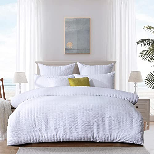 MK Home Textile Seersucker Duvet Cover Set Bedding Sets with Pillow Cases - 100% Cotton Hotel Quality White | Silver |Charcoal| Pink | Grey Quilt Covers Double King Super King Size (White, Super King)