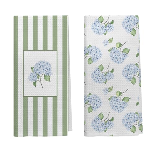 Kemingni Hydrangea Floral Kitchen Dish Towels, Blue Hydrangea Flower Sage Green Striped Decorative Hand Towels for Bathroom Kitchen, Floral Bathroom Decor, 16x24 Inch Set of 2