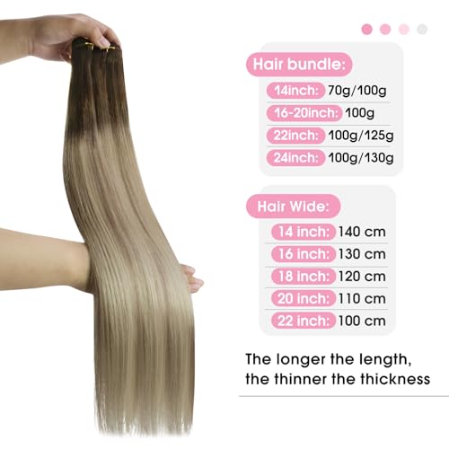 Image of YoungSee Sew in Hair Extensions Ombre Weft Hair Extensions Human Hair, Balayage Dark Brown Ombre Golden Blonde Mix Platinum Blonde, 20 Inch Human Hair Extensions Sew in One Bundle Remy Hair 100G