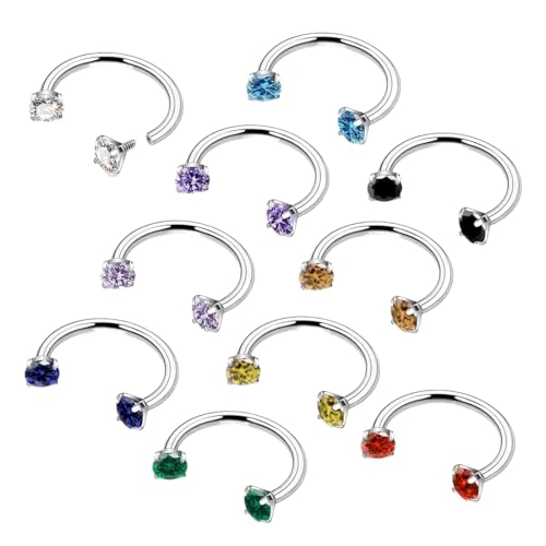 GXGM Set de 10 piercings 8mm, forma herradura, acero quirúrgico, gemas brillantes, rosca interna, nariz, oreja, labio, joyería unisex