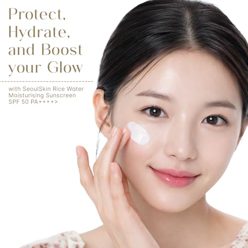 Image of Seoulskin Kojic Rice Water Brightening Soap Pack of 3 & Rice Water Moisturising Sunscreen SPF 50 PA++++ Combo for Tan Removal, Pigmentation, Dark Spots & UV Protection | For Men & Women
