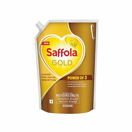 Image of Saffola Gold Refined Cooking oil | Power of 3 - Balance of Good Fats, Triple Anti-Oxidant System & Fortified with Vitamins | Multi-Source Edible Rice Bran & Corn Oil | 3 Litre Standee pouch