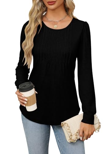 Long Sleeve Shirts for Women Fall Tops Dressy Casual Blouses Pleated Scooped Neck Tunic Tops for Leggings3