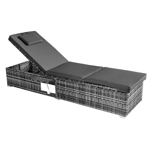 Panana Rattan Sun Lounger Outdoor Chaise Lounge Recliner with Cushions Head Pillows and Folding Table PE Wicker Patio Reclining Sunbathing Chair with Adjustable Backrest Footrest for Patio Poolside