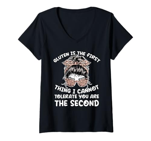 Mujer Celiac Awareness Gluten First Thing No tolero el bollo Camiseta Cuello V