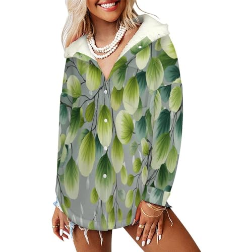 Manteaux à capuche femmes feuilles de plantes pour randonnées hivernales veste verte en sherpa