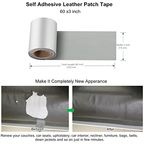 ILOFRI Self Adhesive Leather Repair Patch Tape 3x60 inch, Vinyl and Leather Repair Kit for Couches, Furniture, Car Seat, Boat Seat, Sofa, Vinyl Upholstery, Chair, Interior - Light Grey #2 - Thumbnail 3