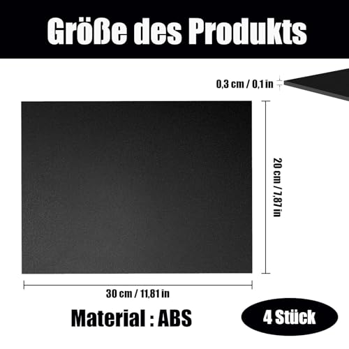 Schwarze ABS Kunststoffplatten, 4 Stück 3mm Matte Oberfläche ABS Kunststoffplatte, 30 x 20 cm Kunststoffplatte mit Schutzfolie, Plastikplatte Kunststoffplatten, für Basteln, Kotflügel, Heimdekoration