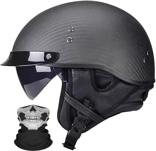 Retro Motorrad Half Helm Carbon Jet-Helm Chopper Motorrad-Helm mit Visier ECE-Zulassung Erwachsene Vintage Open Face Motorradhelm für Scooter Moped Street Bike 3K-D,XL=60CM