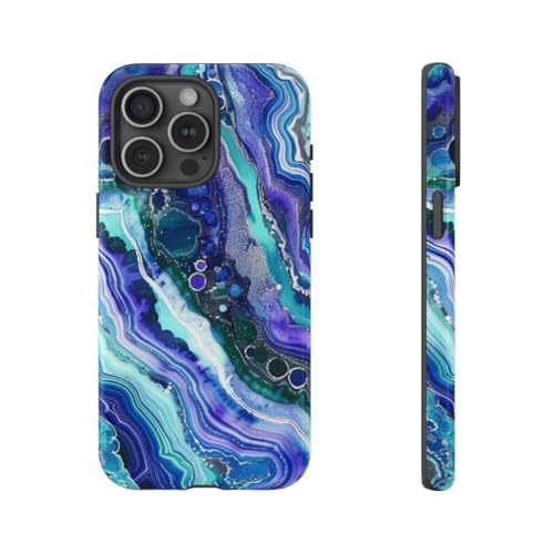 Coque iPhone 15 Pro Max rigide brillante motif géode bleu