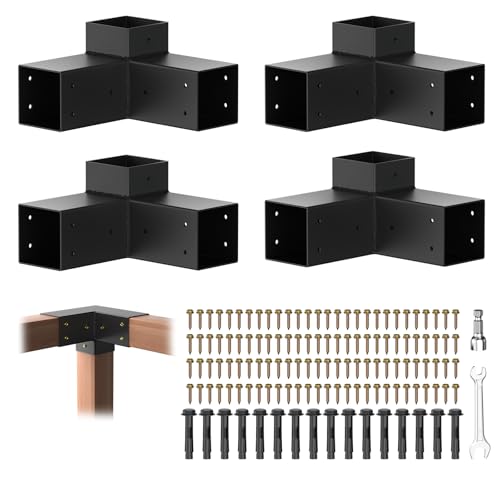 Image of Pergola Brackets, 3-Way Pergola Kit for 4 inchx 4 inch (Actual 3.5 inch X 3.5 inch) | Heavy Duty, Durable & Weather-Resistant Construction, Right Angle Corner Bracket with Black Powder Coated (4Pcs 3-Way)
