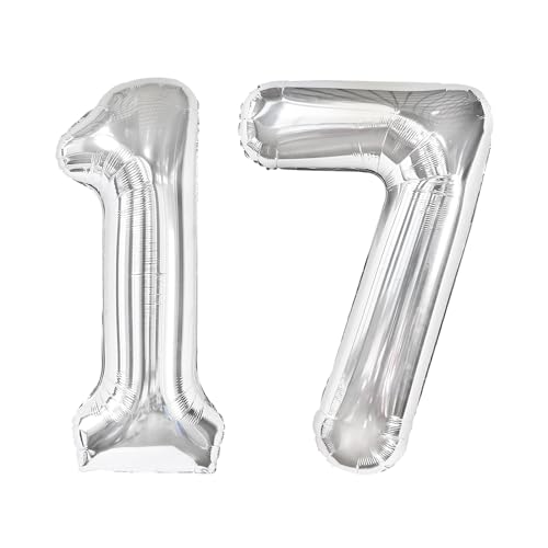 Image of Silver Number 17 Balloon 40 inch, 17 Number Balloons, 17th Silver Birthday Decorations, 17 Year Old Silver Party Supplies