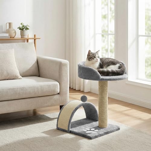 Rex & Roxy Cat Tree 44CM | Cat Scratch Post | Scratching Posts for Indoor Cats | Kitten Scratcher Post | Stable Climbing Tower With Scratching Bridge, Cosy Bed & Post for Playing (Grey) - Image 8