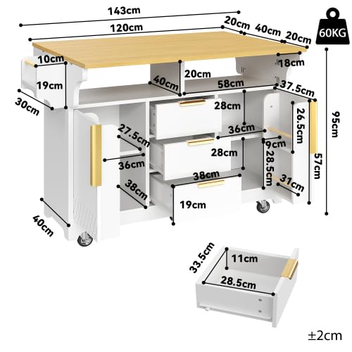 Isola cucina 120 cm bianco, 3 cassetti, tavolo estensibile