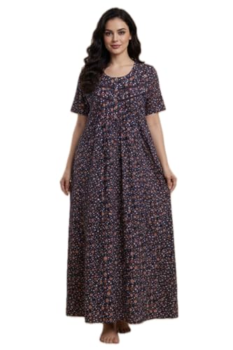 Image of Bahumaan Cotton Nighty for Women Full Length Stylish | Floral Print Cotton Maxi Dress for Women with Pocket | Sleepwear Gown for Women