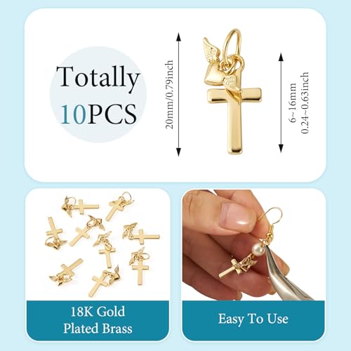 Image of 10Pcs 18K Gold Plated Cross Charms Brass Golden Crucifix with Heart Pendants Metal Permant Jewelry Charms with Jump Ring for DIY Bracelets Necklaces Earring Jewelry Making