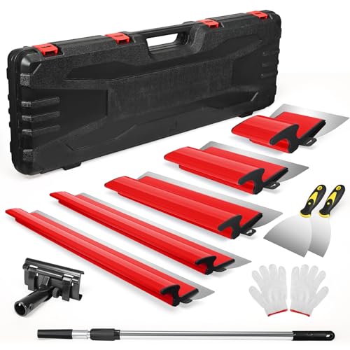 HIUYRFS Kit de spatules de surface - Lames de mastic 15 cm, 25 cm, 40 cm, 60 cm et 80 cm + manche d'extension de 85 cm à 130 cm, couteau de construction en...