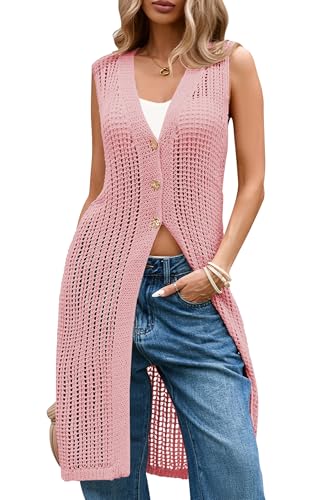 Image of Cakulo Women's Sleeveless Crochet Cardigan Boho Long Vest | Hollow-out, Swim Cover Up, Loose Fit, Open Knit, Lightweight Dusters, Summer Cardigans, Beach Vacation Casual Outfits