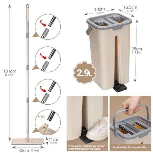 Juego de fregona y cubo de microfibra con mango telescópico de acero inoxidable, sistema de limpieza de suelos con escurridor, mopas de madera dura y azulejos para uso doméstico, kit de limpieza