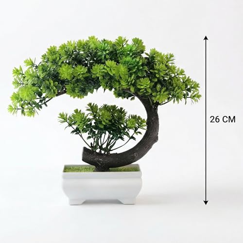 Image of Dekorly Small Fake Plants /Plastic Artificial Bonsai Tree for Bookshelf Bathroom Home Decor, Farmhouse Zen Garden Room Decor, Tall 8.5 inch (Green-Regular, Height : Upto 22CM)