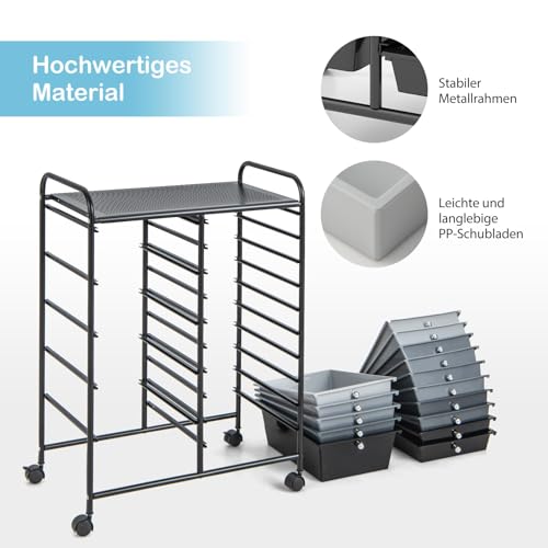 FANTASK Rollwagen mit 15 stapelbaren Schubladen, Schubladenwagen Rollcontainer mit Metallgestell, Badrollwagen Aufbewahrungswagen für Büro Wohnzimmer, 62,5 x 37 x 87 cm