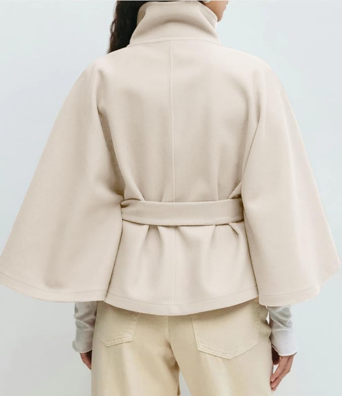Kinghua Womens Batwing Sleeve Poncho Pea Coats Fall Trendy Stand Collar Belted Cloak Cape Wool Coats Winter Jackets - Image 3