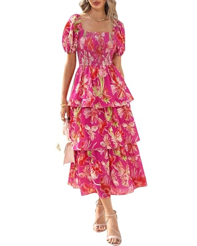 BTFBM Womens Square Neck Smocked Dress Summer Puff Short Sleeve Floral Casual Ruffle Tiered Maxi Wedding Guest Dresses(Floral Rose Red, Small)